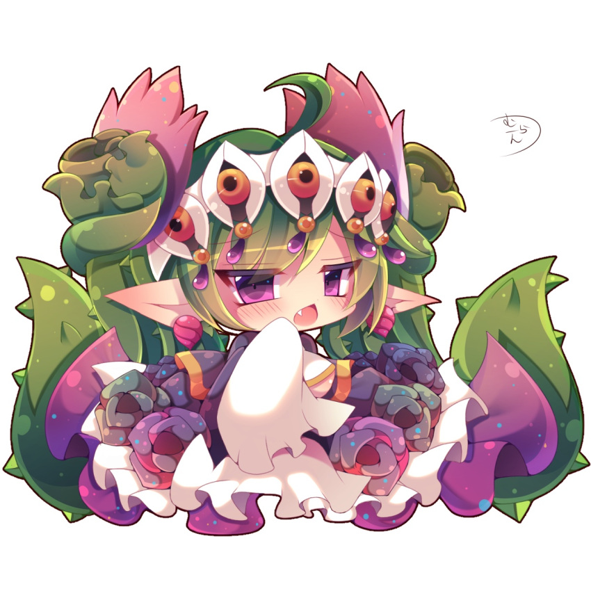 1girl, ahoge, bangs, blush, breasts, chestnut_mouth, chibi, commentary_request, dress, eyebrows_visible_through_hair, fang, flower, green_flower, green_hair, green_rose, hair_ornament, highres, large_breasts, last_period, long_hair, long_sleeves, meldia_(last_period), muuran, open_mouth, plant, pointy_ears, rose, signature, sleeves_past_fingers, sleeves_past_wrists, solo, thorns, very_long_hair, vines, violet_eyes, white_dress
