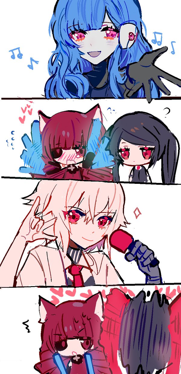 4girls, \m/, black_hair, blue_hair, blush, chibi, commentary, dana_zane