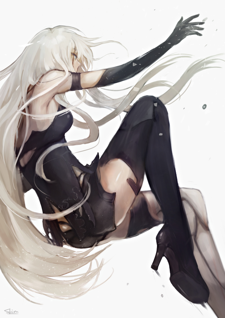 1girl, android, armlet, black_gloves, black_shorts, elbow_gloves, from_side, gloves