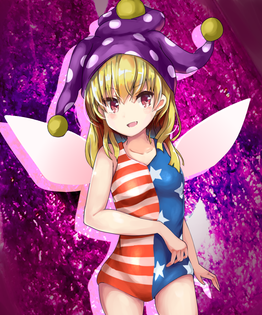 1860_(ichi), 1girl, alternate_costume, american_flag_swimsuit, arm_up, blonde_hair, breasts, clownpiece