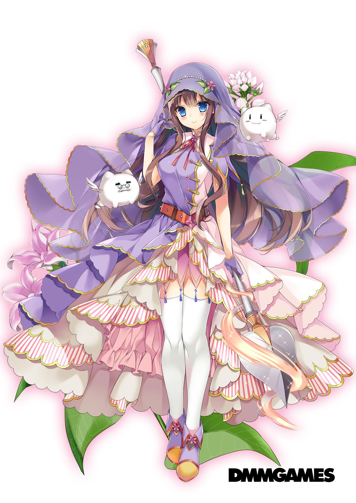 bangs, belt, blue_eyes, breasts, brown_hair, eyes_visible_through_hair, flower_knight_girl, full_body