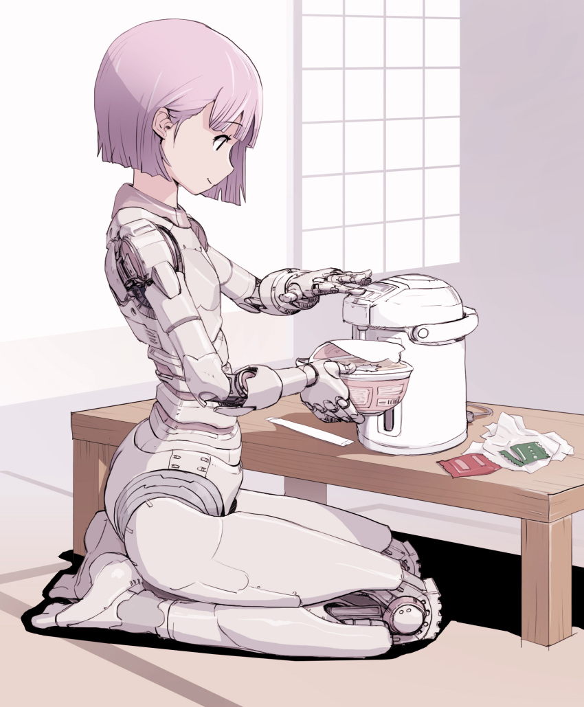 1girl, android, commentary_request, food, highres, noodles, original, parts_exposed