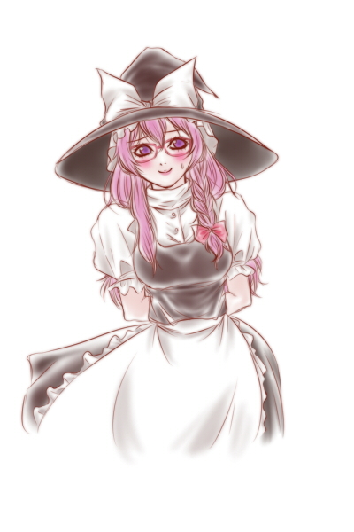 asuka_asuka, blush, braid, cosplay, glasses, hat, kirisame_marisa, kirisame_marisa_(cosplay)