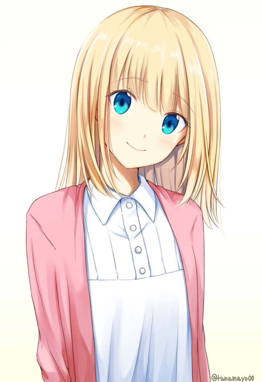 1girl, absurdres, bangs, blonde_hair, blue_eyes, blush, collared_shirt, commentary_request