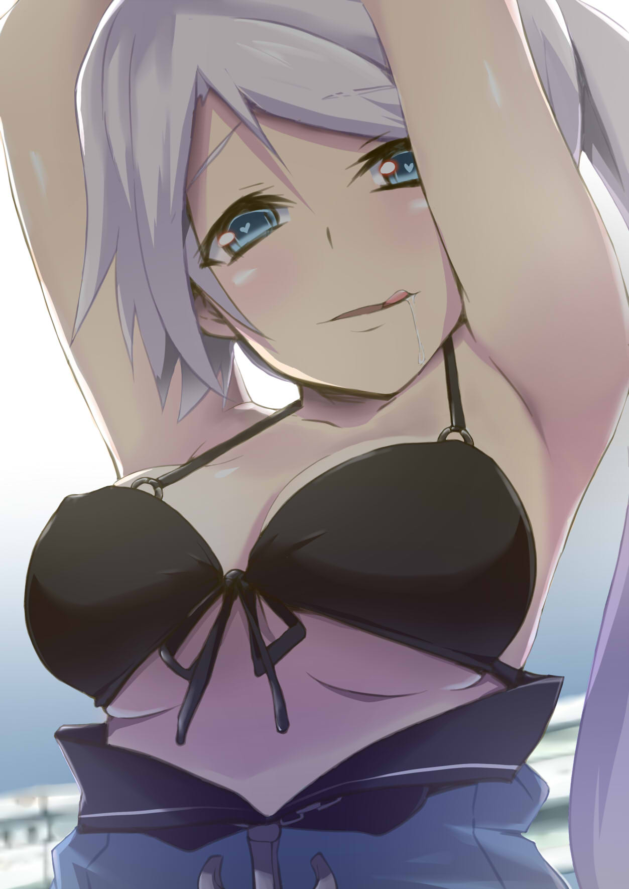 1girl, :q, ahoge, anchor_symbol, arms_up, ashino_moto, azur_lane, bangs, bare_shoulders, bikini, black_bikini, blue_eyes, blush, breasts, cleavage, close-up, drooling, eyebrows_visible_through_hair, front-tie_bikini, front-tie_top, grin, heart, heart-shaped_pupils, heart_ahoge, highres, jacket, jacket_pull, large_breasts, licking_lips, long_hair, looking_at_viewer, mounting, open_mouth, portland_(azur_lane), rape_face, saliva, side_ponytail, sidelocks, silver_hair, smile, solo, swimsuit, symbol-shaped_pupils, tongue, tongue_out, under_boob, upper_body, very_long_hair, you_gonna_get_raped