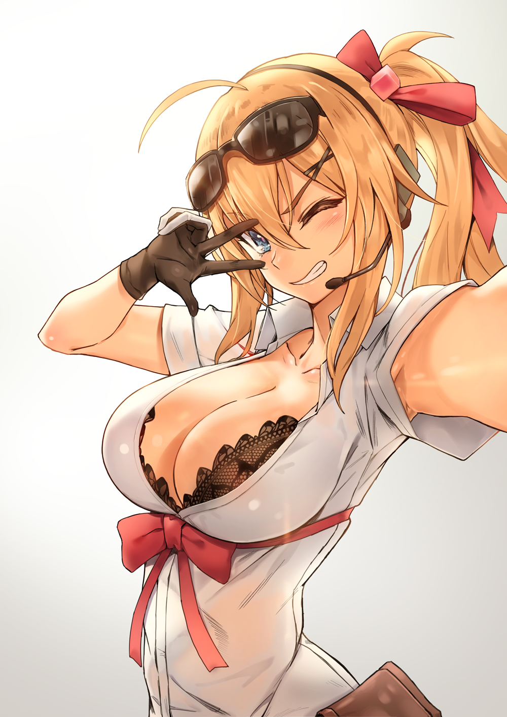 1girl, ;d, ahoge, armpit_peek, arms_up, bangs, black-framed_eyewear, black_bra