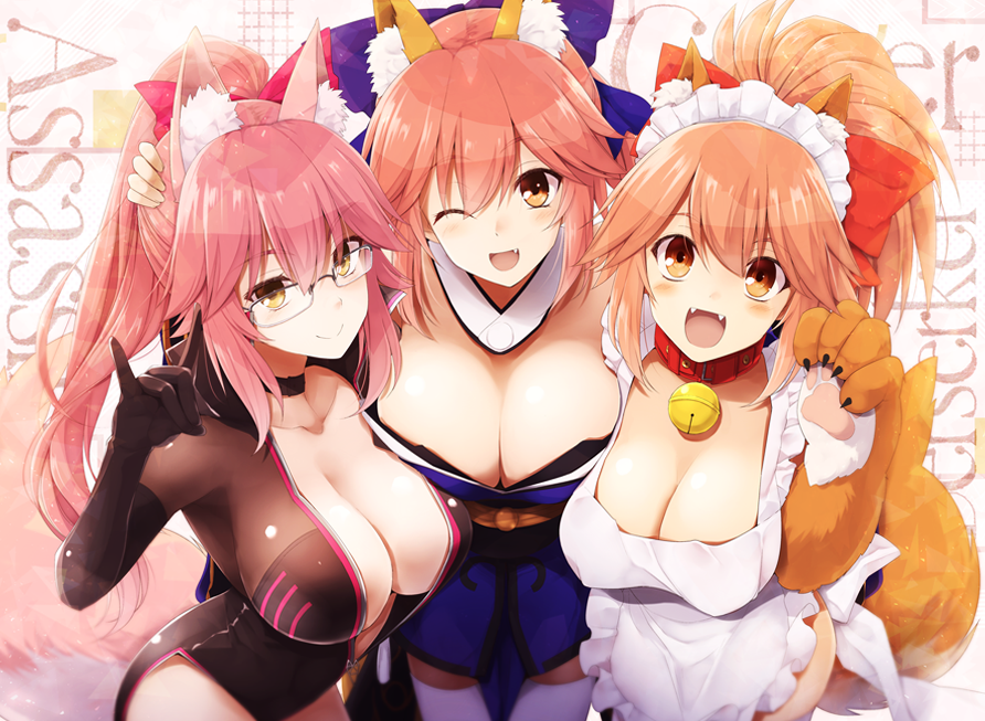 3girls, :>, :d, ;d, animal_ears, apron, asymmetrical_docking, bangs