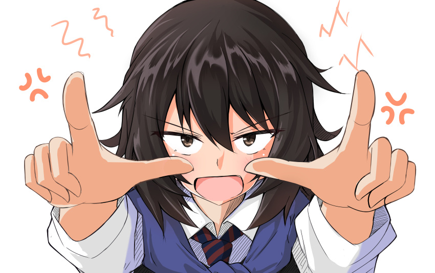 >:o, 1girl, absurdres, andou_(girls_und_panzer), anger_vein, brown_eyes, brown_hair, girls_und_panzer