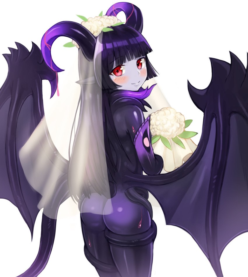 1girl, absurdres, ass, bangs, black_hair, blunt_bangs, blush, bouquet