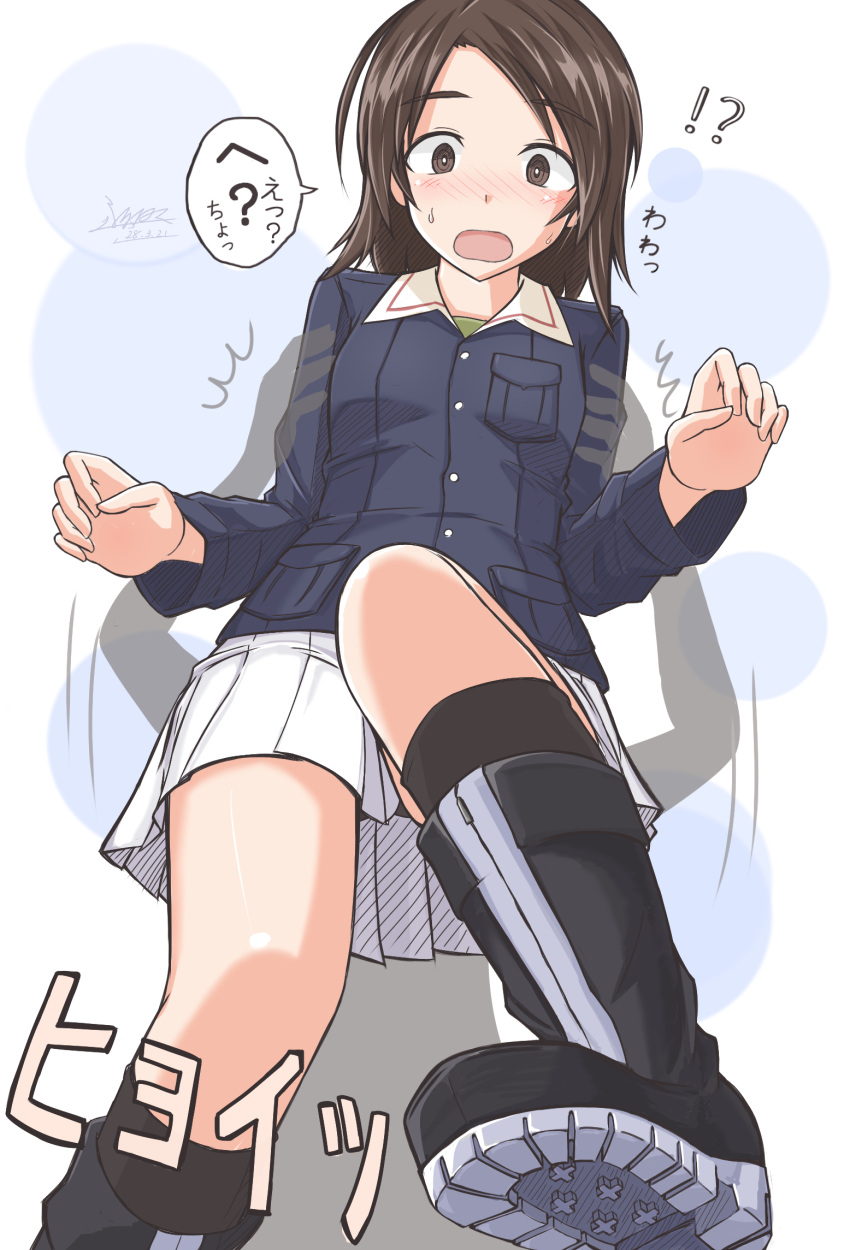 !?, blush, boots, brown_eyes, brown_hair, eyebrows_visible_through_hair, from_below, girls_und_panzer