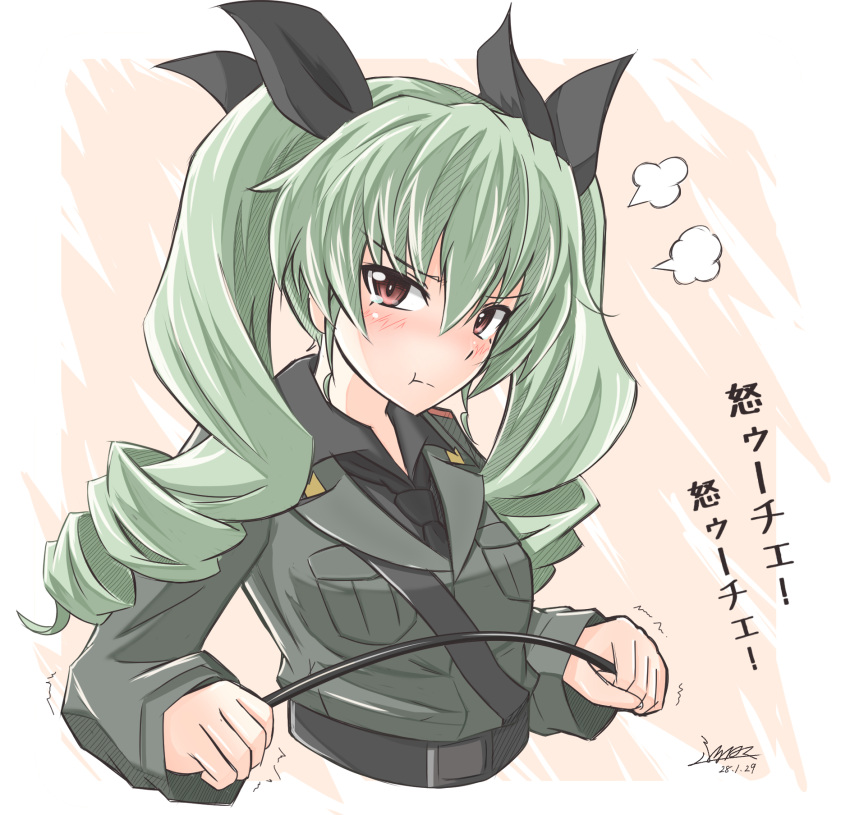 1girl, :t, anchovy, anzio_military_uniform, black_neckwear, blush, cropped_torso, drill_hair, eyebrows_visible_through_hair, girls_und_panzer, green_hair, hair_between_eyes, highres, isofude, looking_at_viewer, necktie, red_eyes, riding_crop, solo, translation_request, trembling, twin_drills