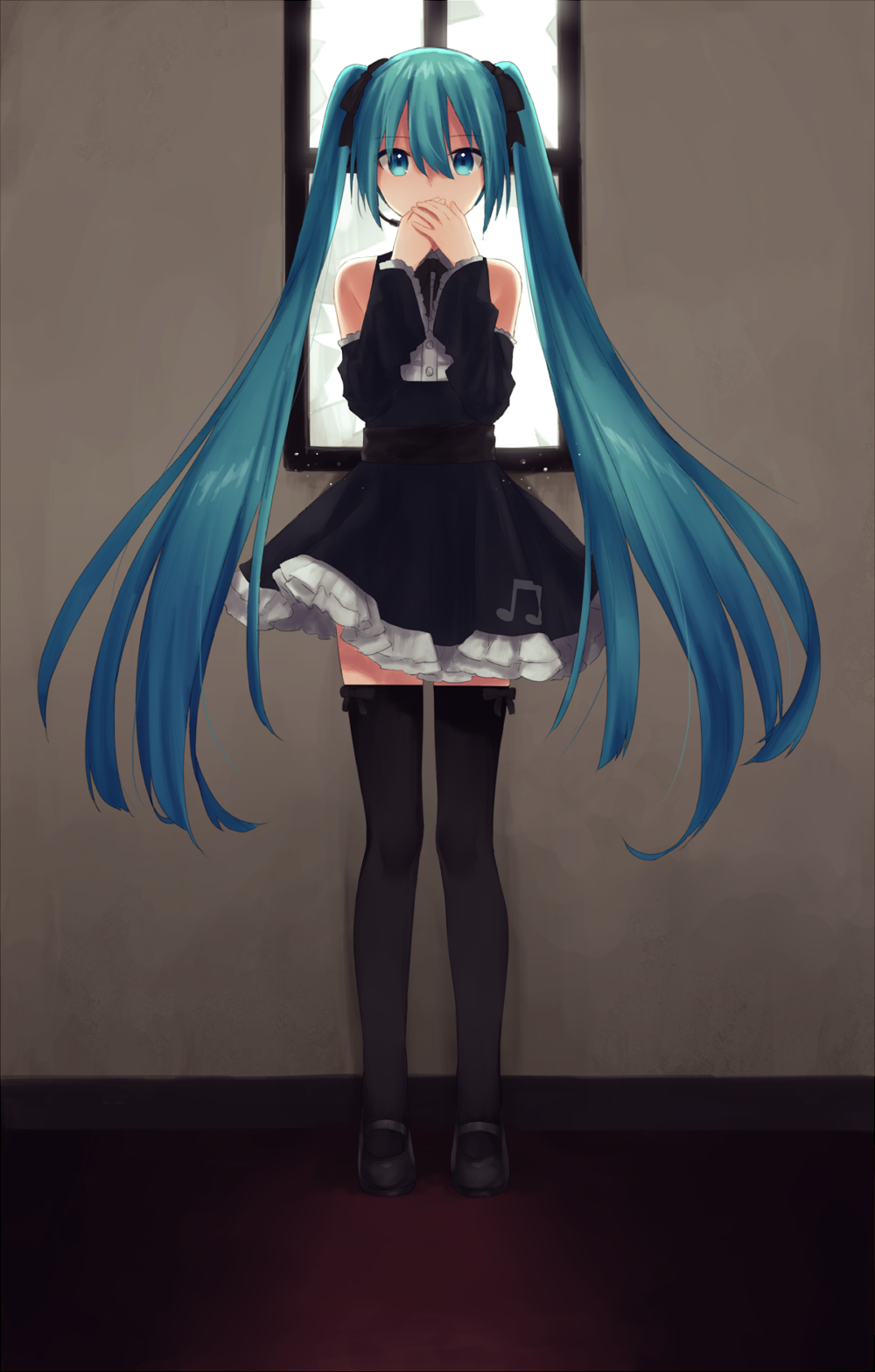 1girl, bangs, beamed_eighth_notes, black_footwear, black_legwear, black_ribbon, blue_eyes, blue_hair