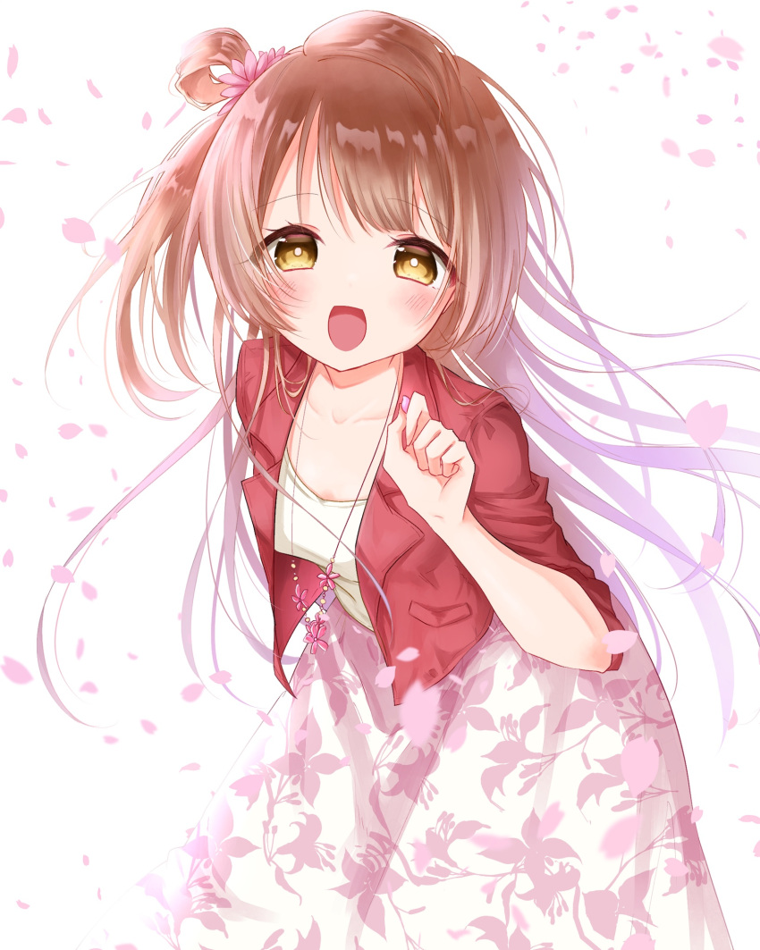 1girl, :d, bangs, blush, brown_hair, cherry_blossoms, collarbone, commentary_request