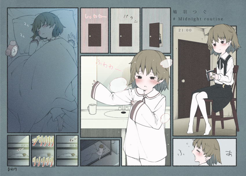 1girl, bane_(haibanemumi), brown_eyes, brown_hair, chair, clock, closed_eyes, comic