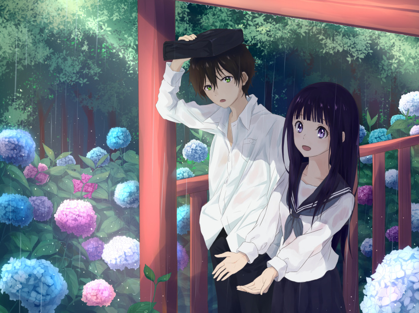 1boy, 1girl, :d, bag, bangs, black_hair, black_skirt, blue_neckwear