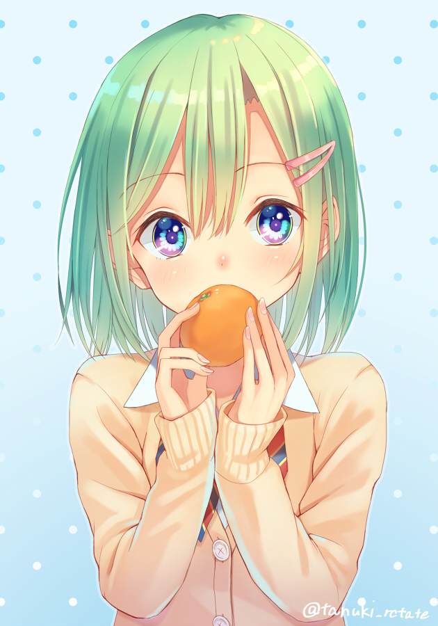 1girl, bangs, blue_eyes, blush, buttons, covering_mouth, eyebrows_visible_through_hair, fingernails, food, fruit, gradient, gradient_background, green_hair, hair_ornament, hairclip, long_sleeves, looking_at_viewer, mandarin_orange, multicolored, multicolored_eyes, nose_blush, original, polka_dot, polka_dot_background, school_uniform, shiny, shiny_hair, shiroi_tanuki, short_hair, sleeves_past_wrists, solo, tareme, twitter_username, two-handed, upper_body, violet_eyes, wing_collar, yellow_cardigan