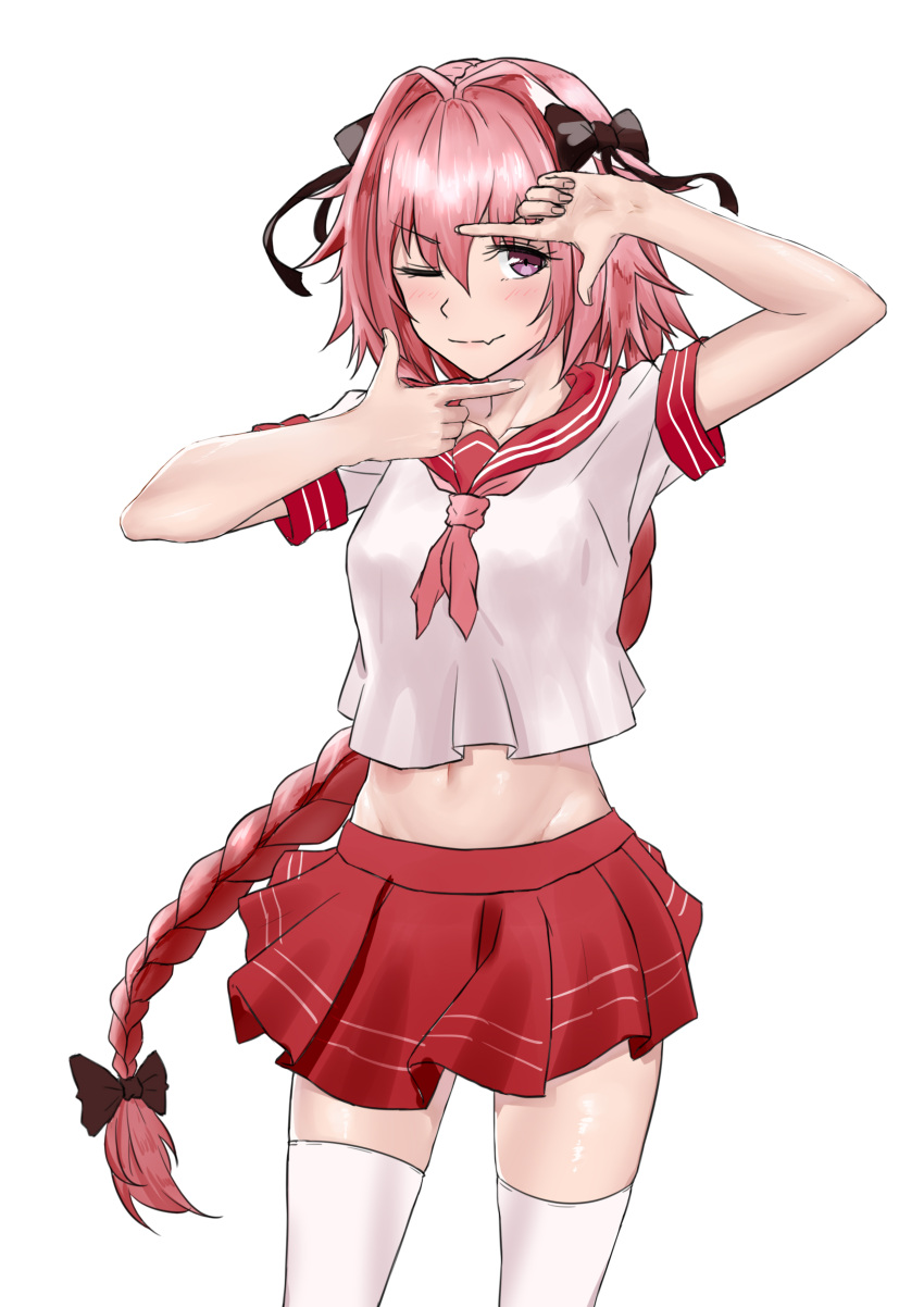 1boy, absurdres, astolfo_(fate), bow, braid, breast_padding, fang, fate/apocrypha, fate/grand_order, fate_(series), finger_frame, groin, hair_bow, hair_ribbon, highres, long_hair, male_focus, meng_xi_ds, midriff, miniskirt, navel, pink_hair, red_skirt, ribbon, school_uniform, serafuku, single_braid, skirt, solo, thigh-highs, trap, violet_eyes, zettai_ryouiki