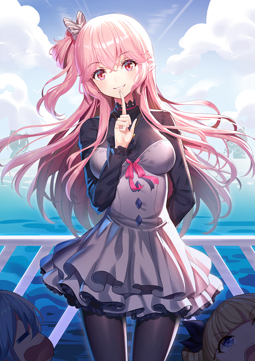 3girls, =_=, bangs, bird, black_bow, black_legwear, black_ribbon, blonde_hair