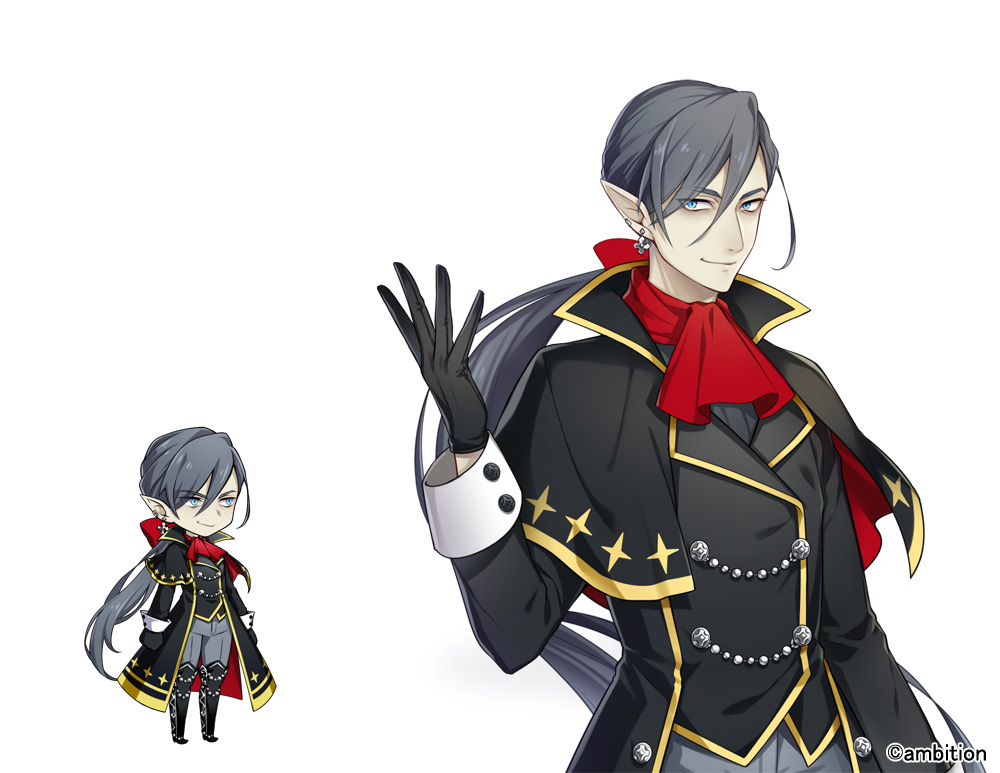 1boy, aki_no_jikan, arms_at_sides, black_footwear, black_gloves, black_vest, blue_eyes, chibi, earrings, gloves, grey_hair, grey_pants, hair_betweeen_eyes, hand_up, jewelry, long_hair, long_sleeves, looking_at_viewer, male_focus, maru-kichi, multiple_views, official_art, pants, ponytail, red_neckwear, smile, standing, very_long_hair, vest, watermark