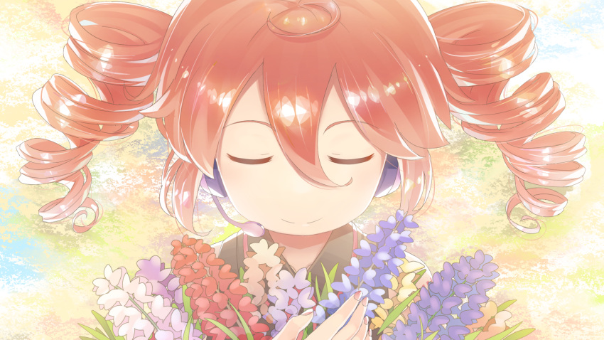 1girl, ahoge, closed_eyes, closed_mouth, drill_hair, eyebrows_visible_through_hair, facing_viewer, flower, headset, highres, kasane_teto, monosenbei, pastel_background, pink_hair, short_hair, smile, solo, twin_drills, utau