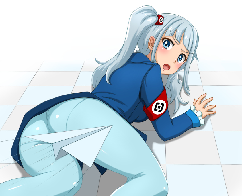 1girl, :o, all_fours, armband, blue_eyes, blue_hair, blue_legwear, blush, breasts, checkered, checkered_floor, eyebrows_visible_through_hair, frilled_sleeves, frills, highres, huyase, long_hair, long_sleeves, looking_at_viewer, looking_back, open_mouth, original, panties, panties_under_pantyhose, pantyhose, paper_airplane, rkn-chan, solo, underwear