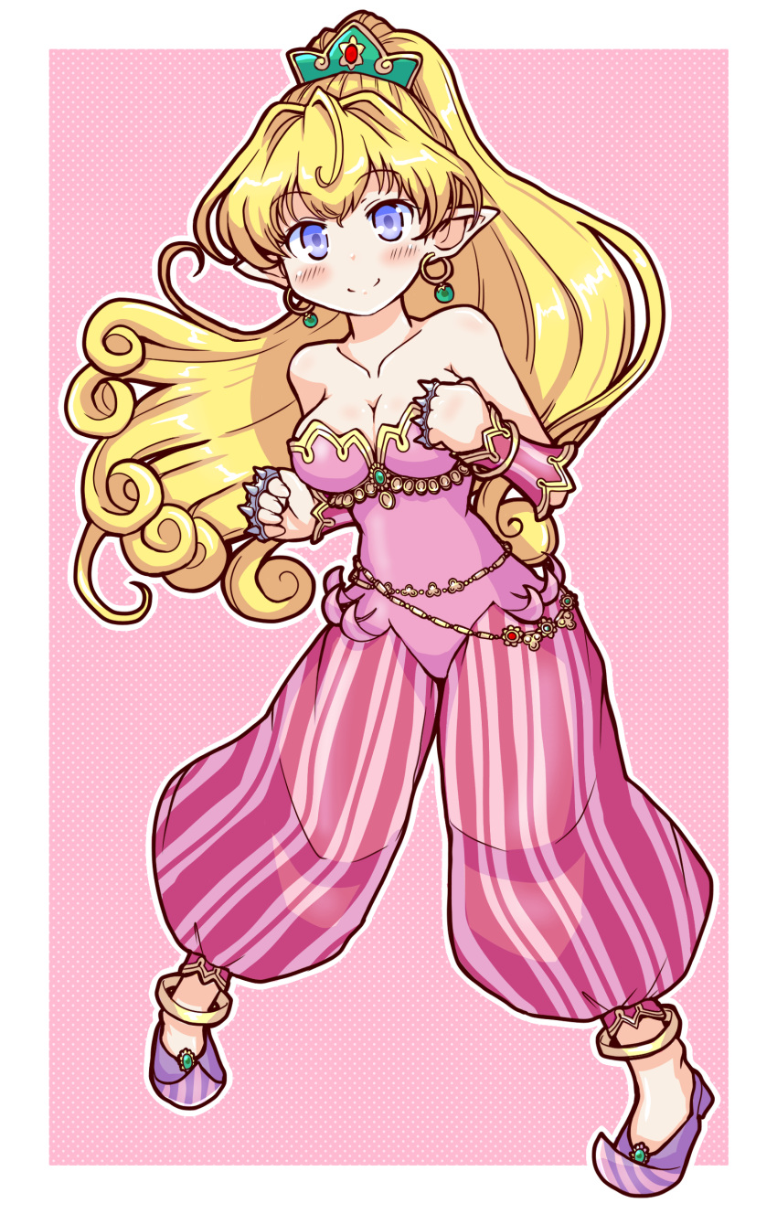 1girl, absurdres, anklet, bare_shoulders, blonde_hair, blush, bracer, brass_knuckles