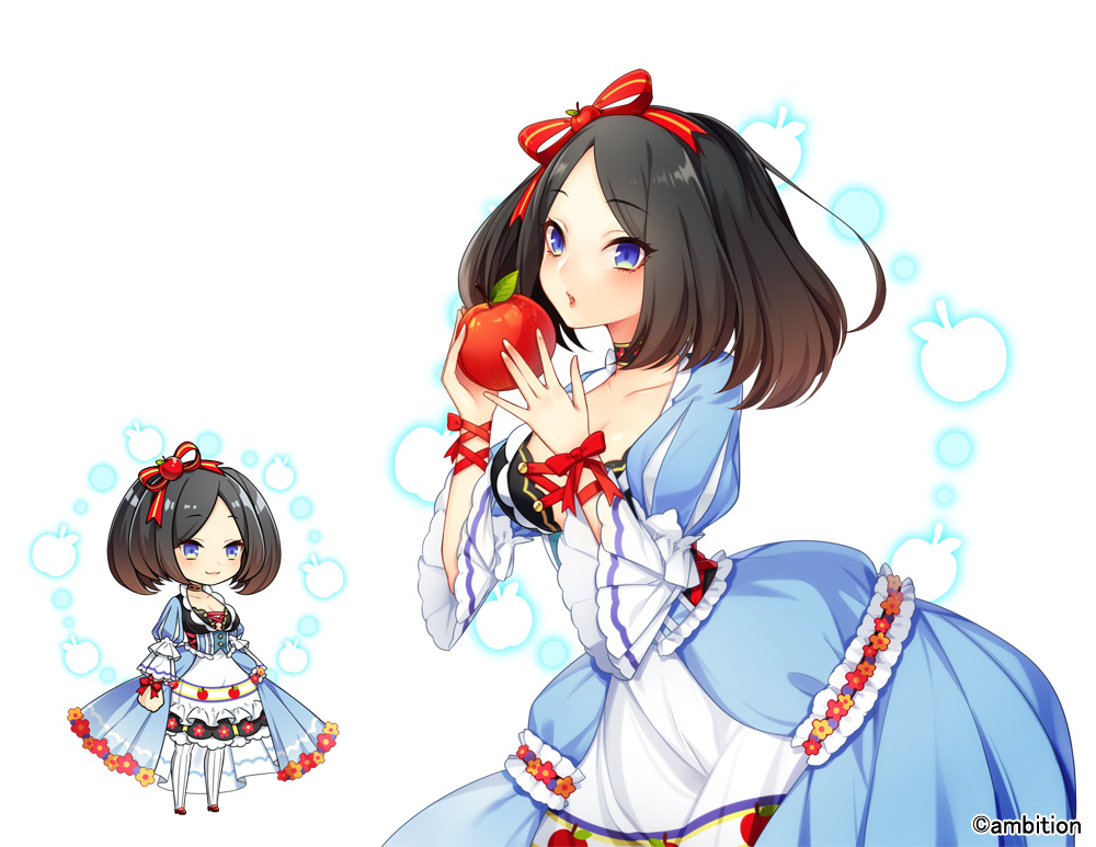 1girl, aki_no_jikan, apple, apple_hair_ornament, arms_at_sides, bangs, black_hair, blue_dress