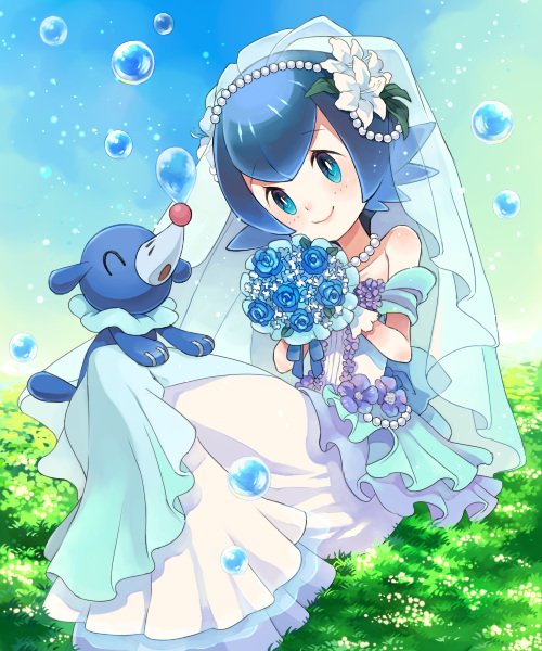 1girl, blue_eyes, blue_hair, blue_wedding_dress, blush, bouquet, bridal_veil, commentary_request