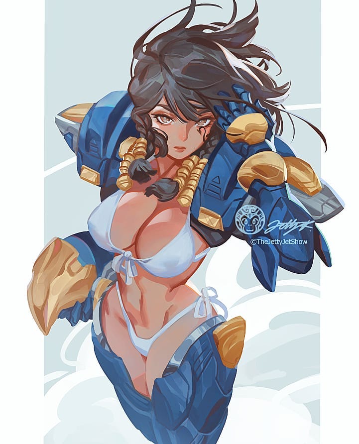 1girl, adapted_costume, bikini, black_hair, braid, breasts, brown_eyes, cleavage, commentary, dark_skin, english_commentary, eye_of_horus, facial_tattoo, front-tie_bikini, front-tie_top, hair_tubes, hand_in_hair, headwear_removed, helmet, helmet_removed, jet_kimchrea, large_breasts, navel, overwatch, pauldrons, pharah_(overwatch), power_armor, side-tie_bikini, solo, stomach, swimsuit, swimsuit_under_clothes, tattoo, white_bikini, wind