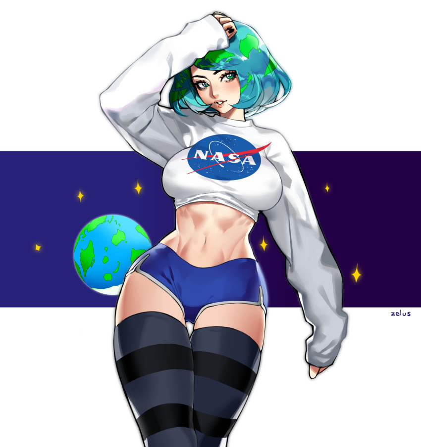 1girl, absurdres, aqua_hair, arm_up, baggy_clothes, blue_shorts, breasts, cropped_sweater