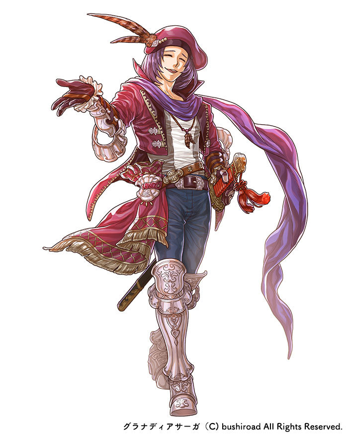 1boy, belt, blue_pants, boots, bracer, brown_gloves, closed_eyes, denim, facing_viewer, full_body, gloves, granadia_saga, greaves, grey_footwear, hat, hat_feather, jewelry, male_focus, necklace, official_art, open_mouth, pants, pink_hat, purple_hair, purple_scarf, scarf, sheath, shinozakihonaka, solo, standing, sword, tassel, watermark, weapon