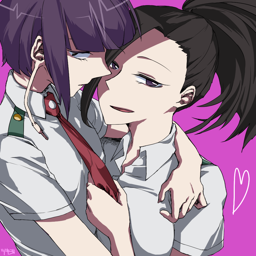 2girls, akaji_(alpha0107), arm_around_neck, bangs, black_eyes, black_hair, blunt_bangs, boku_no_hero_academia