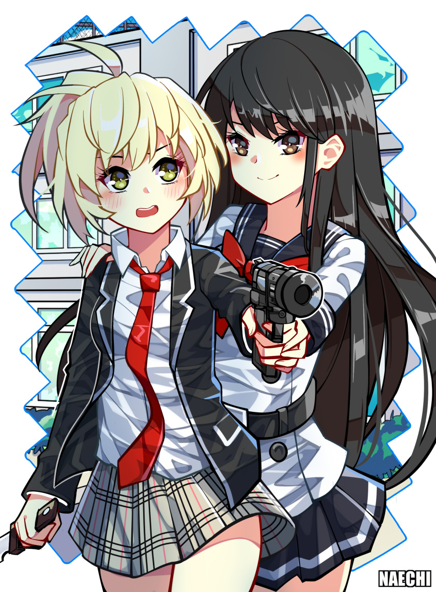 2girls, absurdres, black_hair, blonde_hair, blush, commentary, gun, hand_on_another's_shoulder, highres, holding, holding_gun, holding_knife, holding_weapon, honjo_yuri, knife, looking_at_another, looking_at_viewer, multiple_girls, naechi_(rayichan), necktie, nise_mayuko, open_mouth, plaid, plaid_skirt, red_neckwear, school_uniform, shadow, skirt, tenkuu_shinpan, weapon