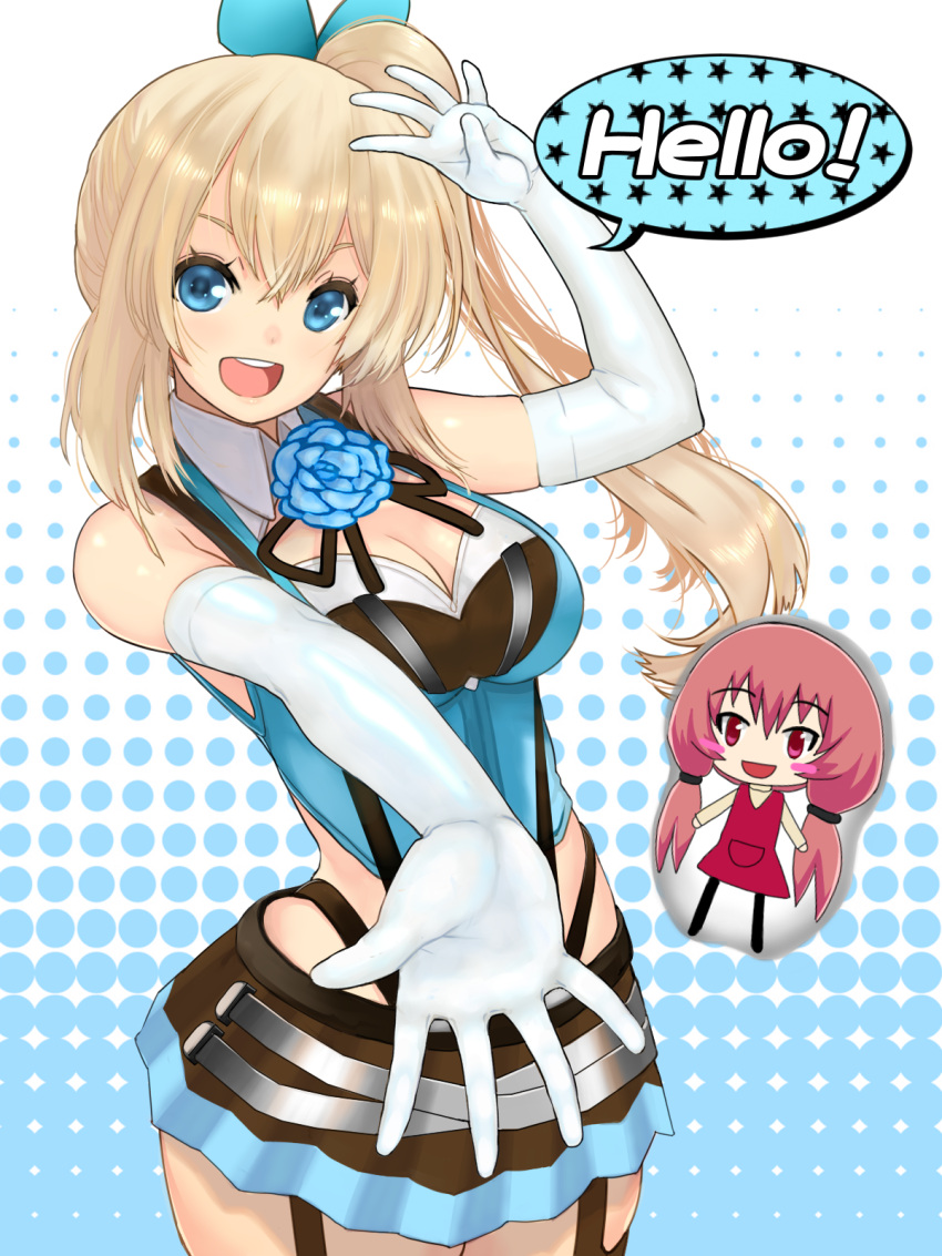 2girls, :d, bangs, bare_shoulders, black_ribbon, blue_flower, blue_ribbon, blue_rose