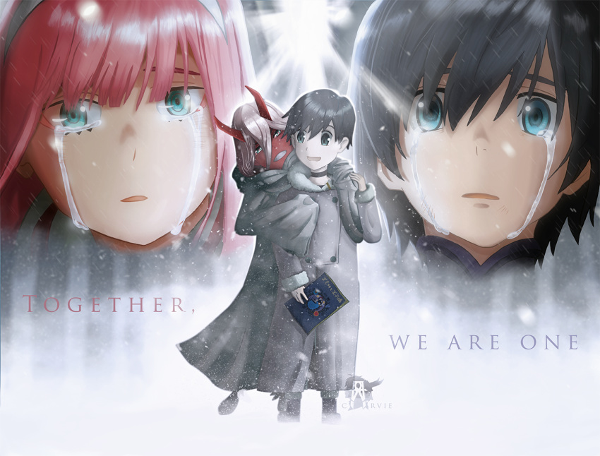 1boy, 1girl, aqua_eyes, black_collar, black_hair, book, cloak, coat, commentary, crying, crying_with_eyes_open, darling_in_the_franxx, green_eyes, hairband, hiro, holding, holding_book, hood, hood_down, horns, hug, hug_from_behind, john_carvie, open_mouth, pink_hair, red_skin, smile, snowflakes, spoilers, tears, white_hairband, zero_two_(darling_in_the_franxx)