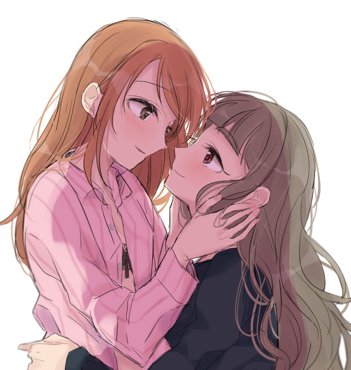 2girls, azuko_(ampenm), bangs, black_bra, blush, bra, brown_eyes, brown_hair