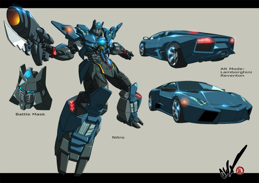 bayonet, beam_gun, blade, car, commentary, crossover, energy_gun, epic, glowing, ground_vehicle, k.i.t.t, knight_rider, lamborghini_reventon, lens_flare, light, mask, mecha, motor_vehicle, multiple_views, ray_gun, redesign, robot, science_fiction, shiny, signature, transformers, weapon