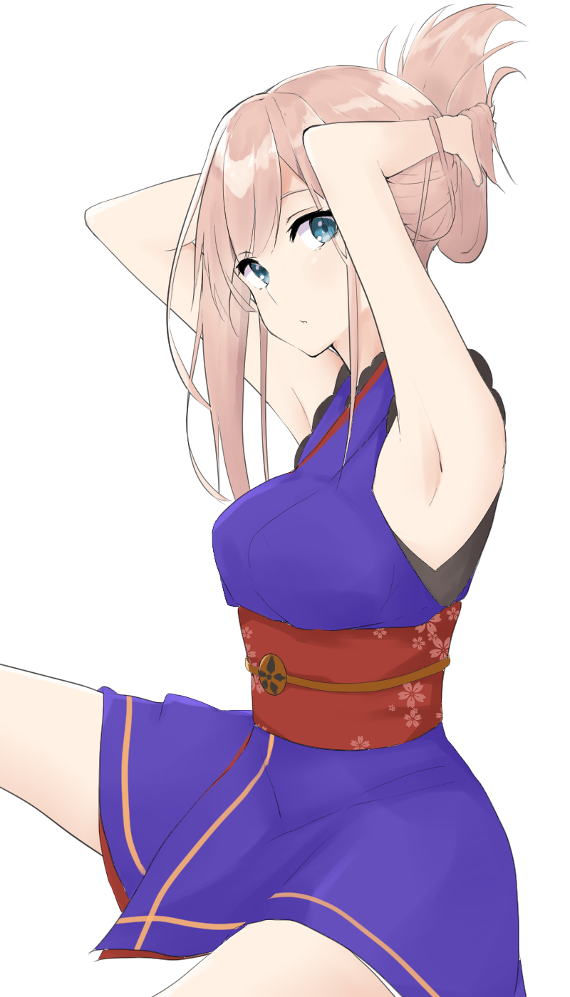 armpits, black_(kbym), blue_eyes, fate/grand_order, fate_(series), highres, looking_at_viewer, miyamoto_musashi_(fate/grand_order), tying_hair, white_background