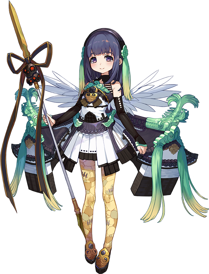1girl, arm_warmers, bangs, black_hair, full_body, hairband, holding, holding_spear