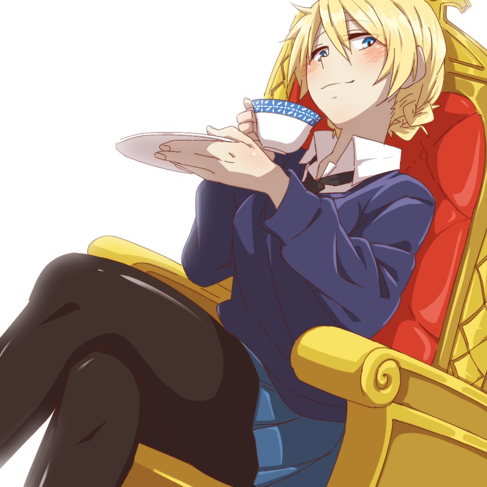 1girl, bangs, black_legwear, black_neckwear, blonde_hair, blue_eyes, blue_skirt, blue_sweater, blush, braid, closed_mouth, commentary, cup, darjeeling, dress_shirt, dutch_angle, eyebrows_visible_through_hair, girls_und_panzer, holding, lamen3000, legs_crossed, long_sleeves, looking_at_viewer, loose_necktie, miniskirt, necktie, pantyhose, pleated_skirt, saucer, school_uniform, shirt, short_hair, sitting, skirt, smile, solo, st._gloriana's_school_uniform, sweater, teacup, throne, tied_hair, twin_braids, v-neck, white_background, white_shirt