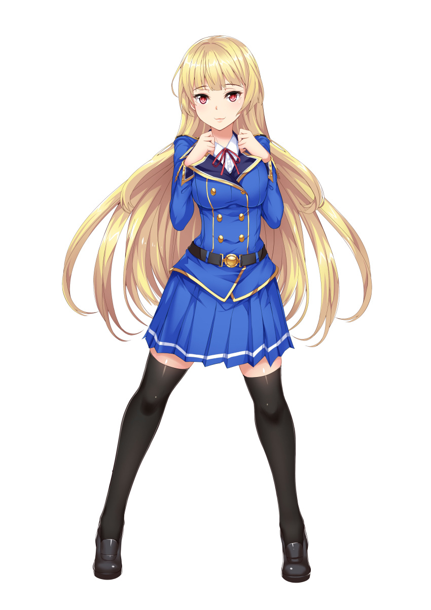 1girl, absurdres, belt, black_footwear, black_legwear, blonde_hair, blue_jacket, blue_skirt