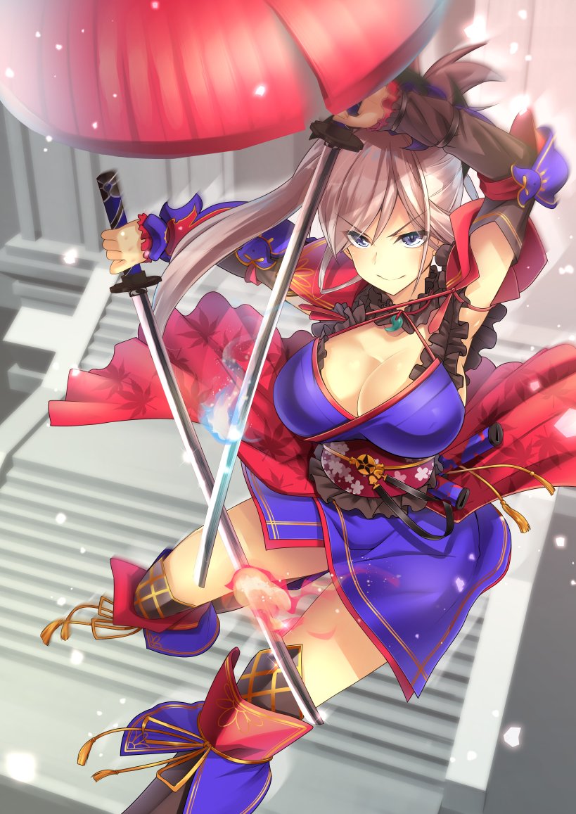 armpits, blue_eyes, breasts, cleavage, fate/grand_order, fate_(series), holding, holding_weapon