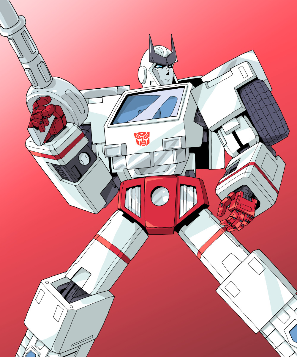 1boy, 80s, autobot, blue_eyes, fighting_stance, gun, highres, holding, holding_gun, holding_weapon, no_humans, oldschool, qhon, ratchet, red_background, solo, standing, transformers, weapon