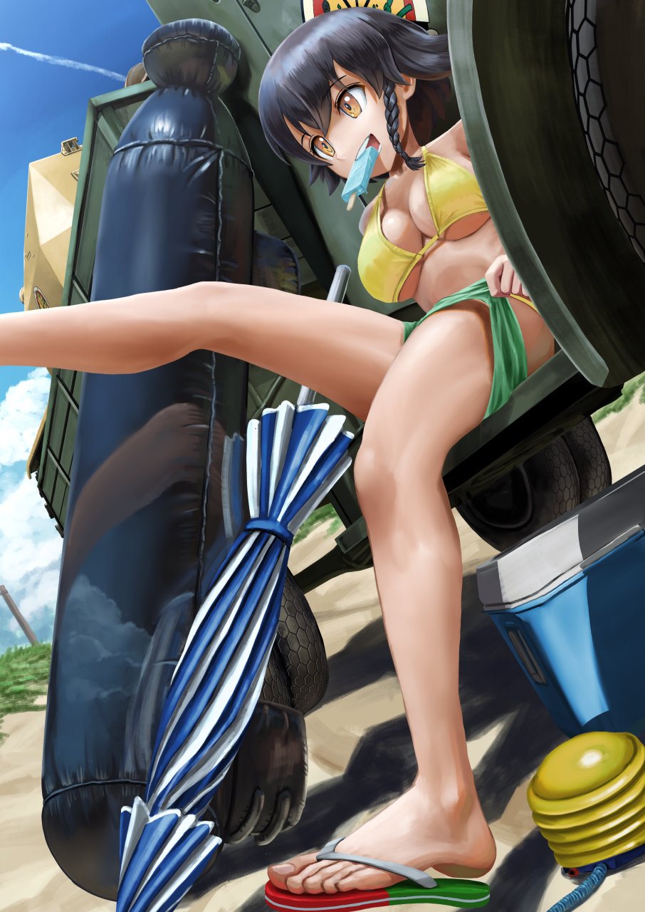 1girl, abazu-red, air_pump, anzio_(emblem), bikini, black_hair, braid, breasts, cleavage, condensation_trail, cooler, dutch_angle, emblem, flip-flops, food, girls_und_panzer, hair_between_eyes, highres, large_breasts, leg_lift, legs, mouth_hold, pepperoni_(girls_und_panzer), popsicle, sandals, short_braid, short_hair, side_braid, solo, swimsuit, thighs, umbrella, yellow_bikini, yellow_eyes