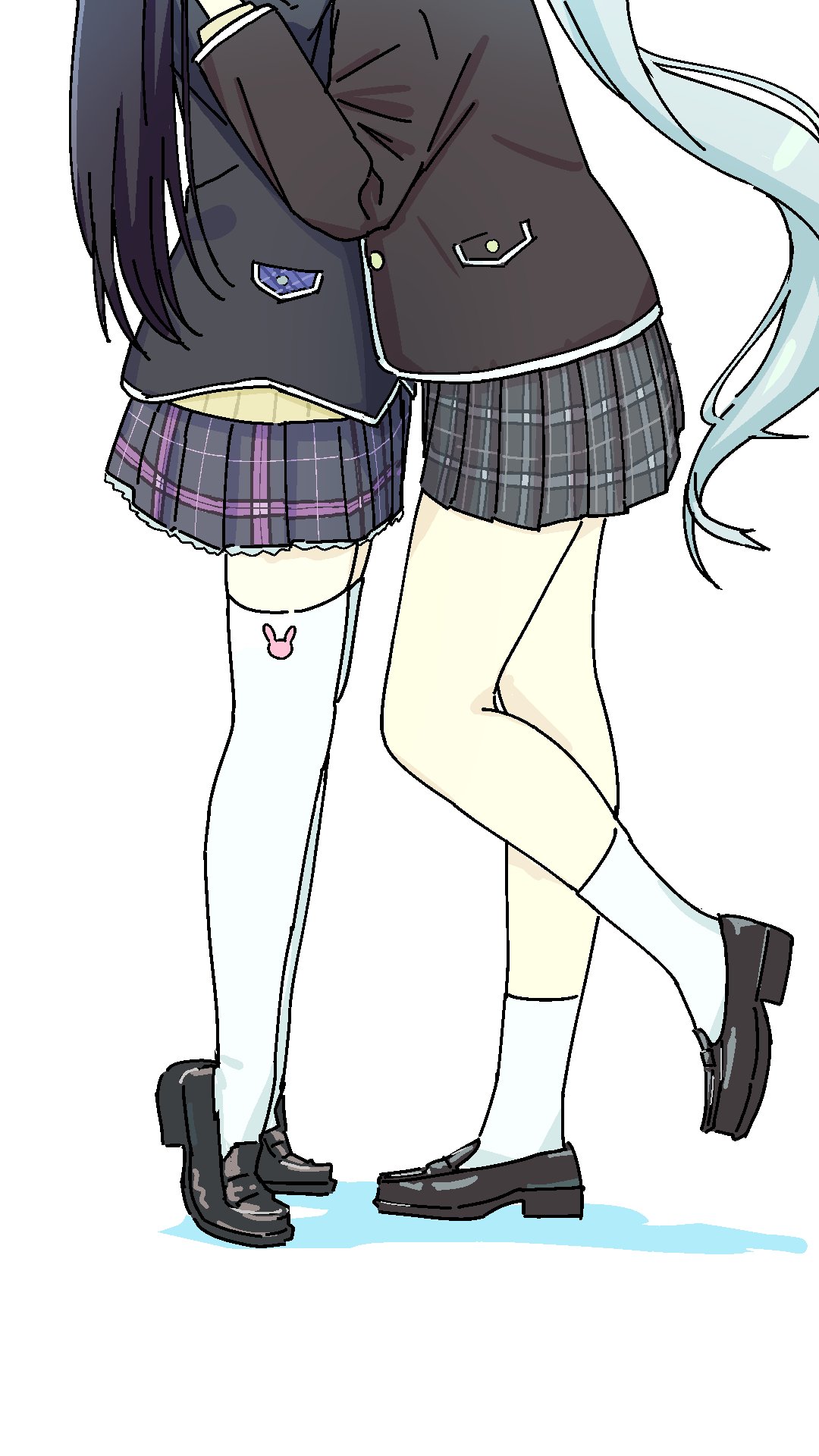 2girls, ankle_socks, black_hair, highres, higuchi_kaede, implied_kiss, loafers, long_hair
