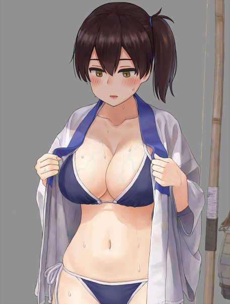 1girl, bikini, bikini_under_clothes, blue_bikini, blue_scrunchie, blush, bow, breasts