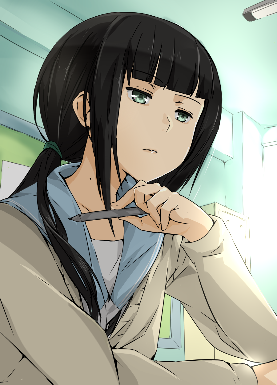 1girl, bangs, black_hair, blunt_bangs, cafekun, cardigan, green_eyes, highres