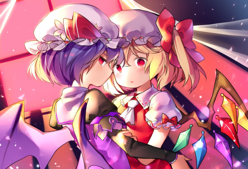2girls, ascot, bat_wings, blonde_hair, blue_hair, bow, curtains, flandre_scarlet