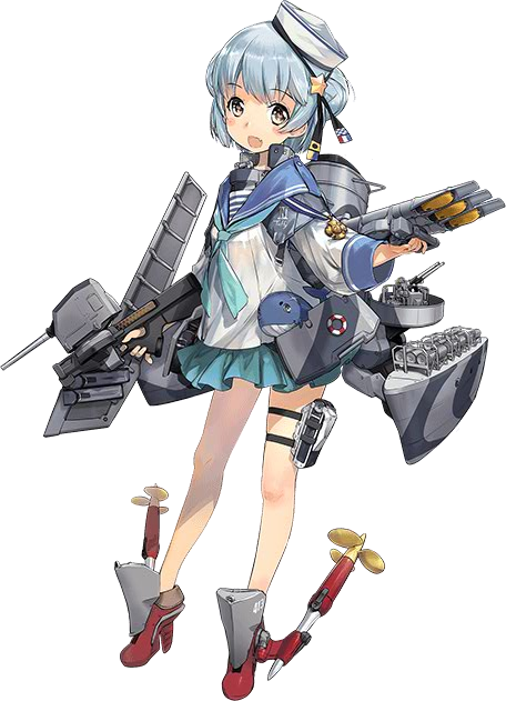 1girl, depth_charge, depth_charge_projector, dress, hat, kantai_collection, light_blue_hair, machinery, official_art, sailor_collar, sailor_dress, samuel_b._roberts_(kantai_collection), torpedo, turret, yellow_eyes