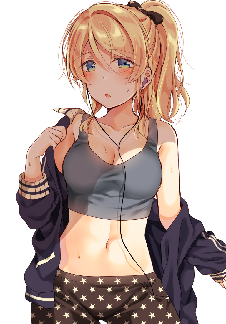 1girl, ayase_eli, black_bow, black_pants, blonde_hair, blue_eyes, blue_jacket, blush